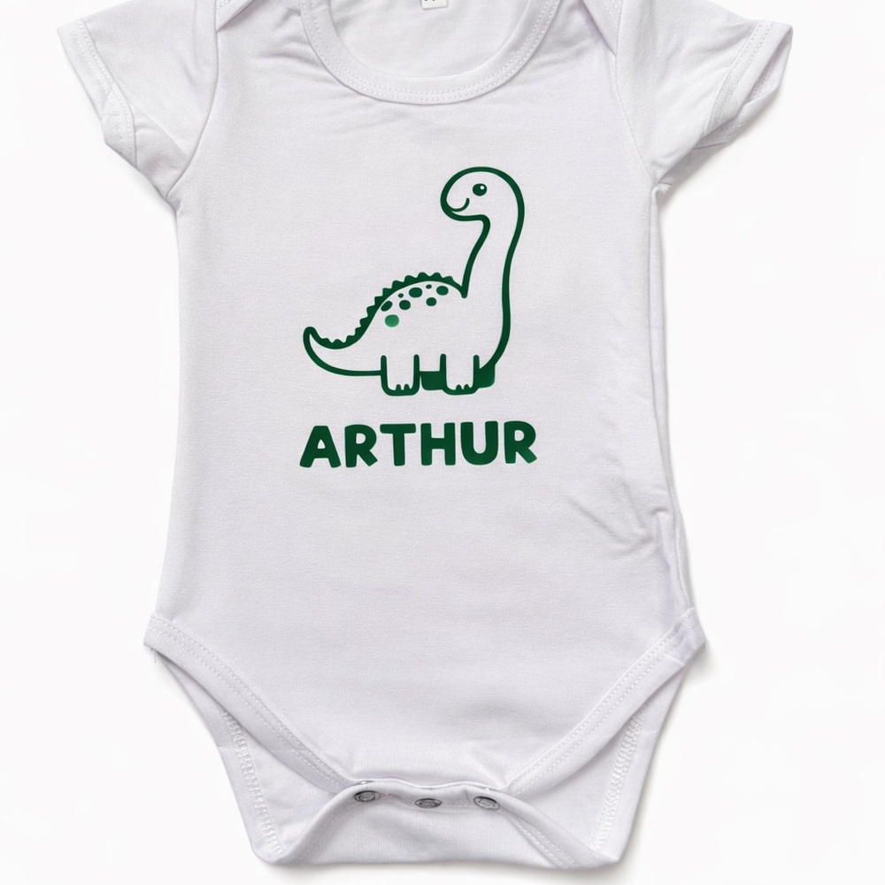 Made to order Personalized White Baby Onesie with Green Dinosaur Print